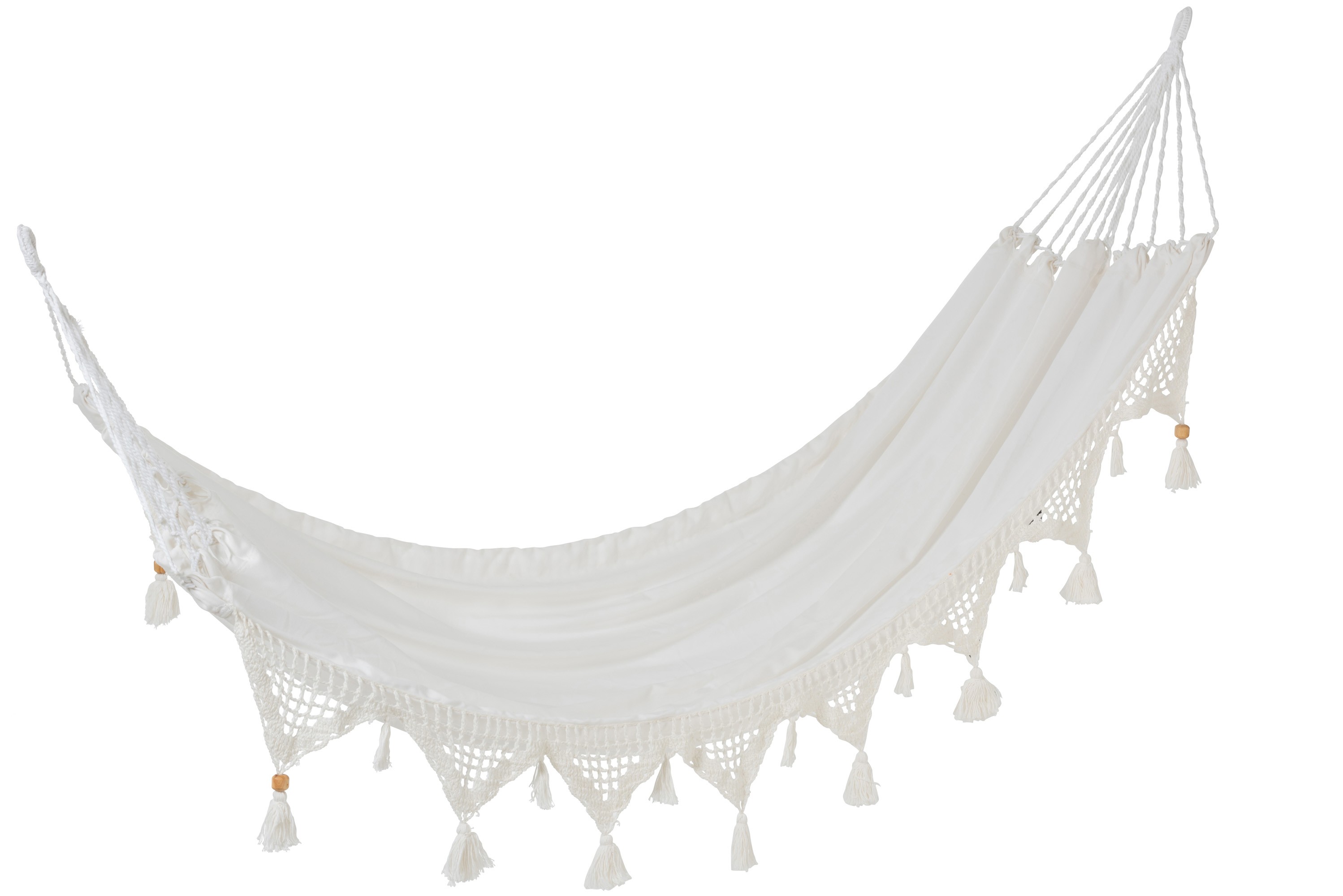 Bílá bavlněná hamaka s háčkovaným okrajem a střapci Tassé - 220*130*6 cm J-Line by Jolipa
