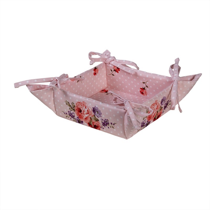 Růžový bavlněný košík na pečivo s růžemi Dotty Rose - 35*35*8 cm Clayre & Eef