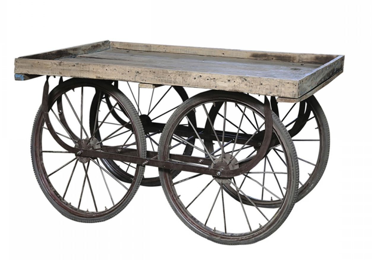 Retro kovový vozík na velikých kolech s dřevěnou deskou Old Cart - 144*70*79cm Chic Antique