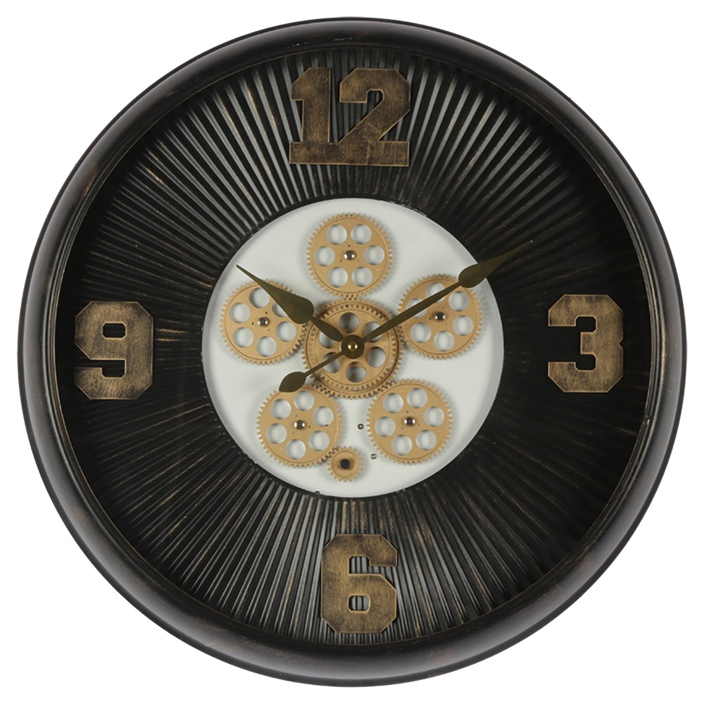 Černé antik nástěnné hodiny s ozubenými kolečky - Ø 61*11 cm / 1*AA / 1*C Clayre & Eef