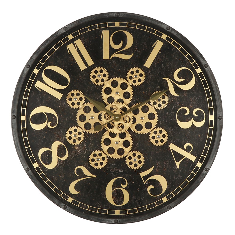Černo-zlaté nástěnné hodiny s ozubenými kolečky - Ø 60*7 cm / 1*AA / 1*C Clayre & Eef