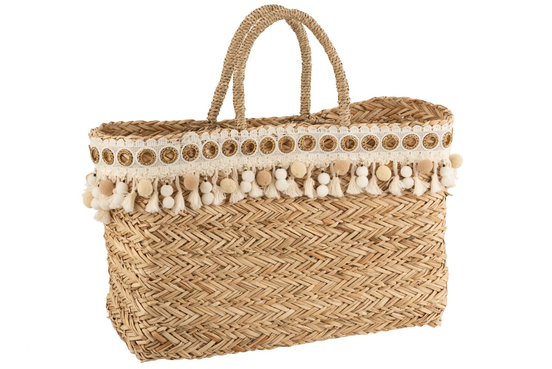 Boho plážová taška/košík s bambulkami a třásněmi Reed - 45*15*43cm J-Line by Jolipa