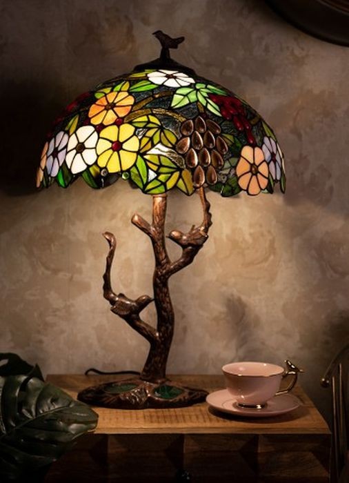 Stolní lampa Tiffany strom s květy a ptáčky Tree flower - Ø 41*57 cm E27/max 2*60W Clayre & Eef