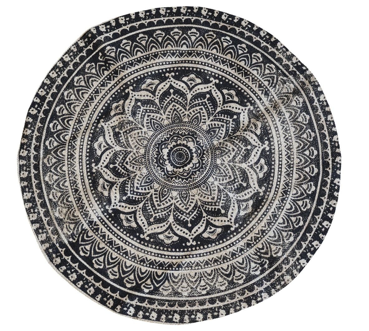 Přírodně - černý kulatý jutový koberec s ornamentem Ornié - Ø 160 cm Chic Antique