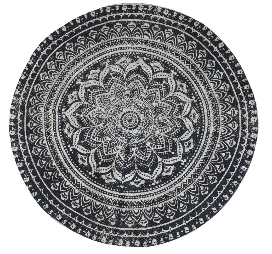 Přírodně - černý kulatý jutový koberec s ornamentem Ornié - Ø 120 cm Chic Antique