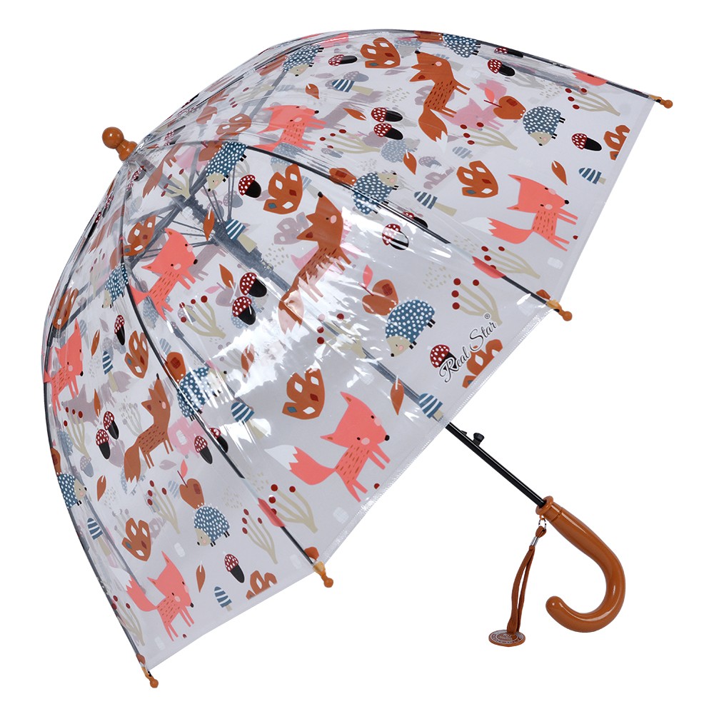 Průhledný deštník pro děti s oranžovým držadlem a zvířátky - Ø 50 cm Clayre & Eef