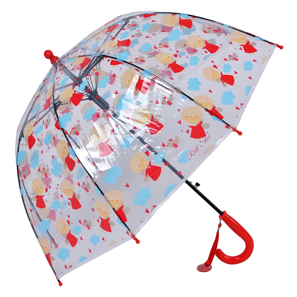 Průhledný deštník pro děti s červeným držadlem a andílky - Ø 50 cm Clayre & Eef
