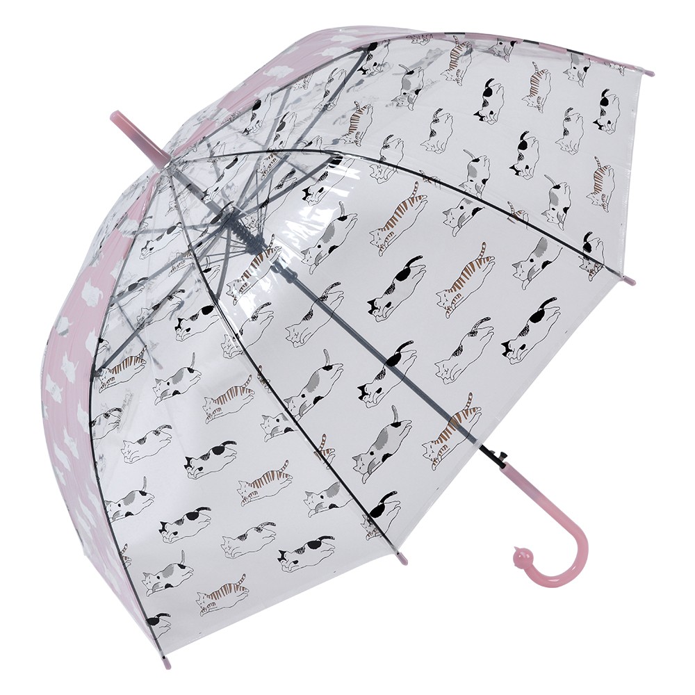 Průhledný deštník pro dospělé s bílými kočičkami a růžovým pruhem - 60 cm Clayre & Eef