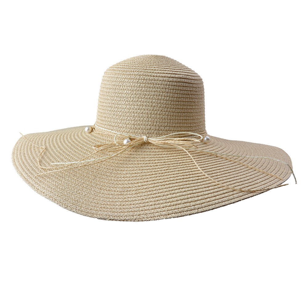 Béžový sluneční dámský klobouk s mašlí z provázků a perličkami Clayre & Eef