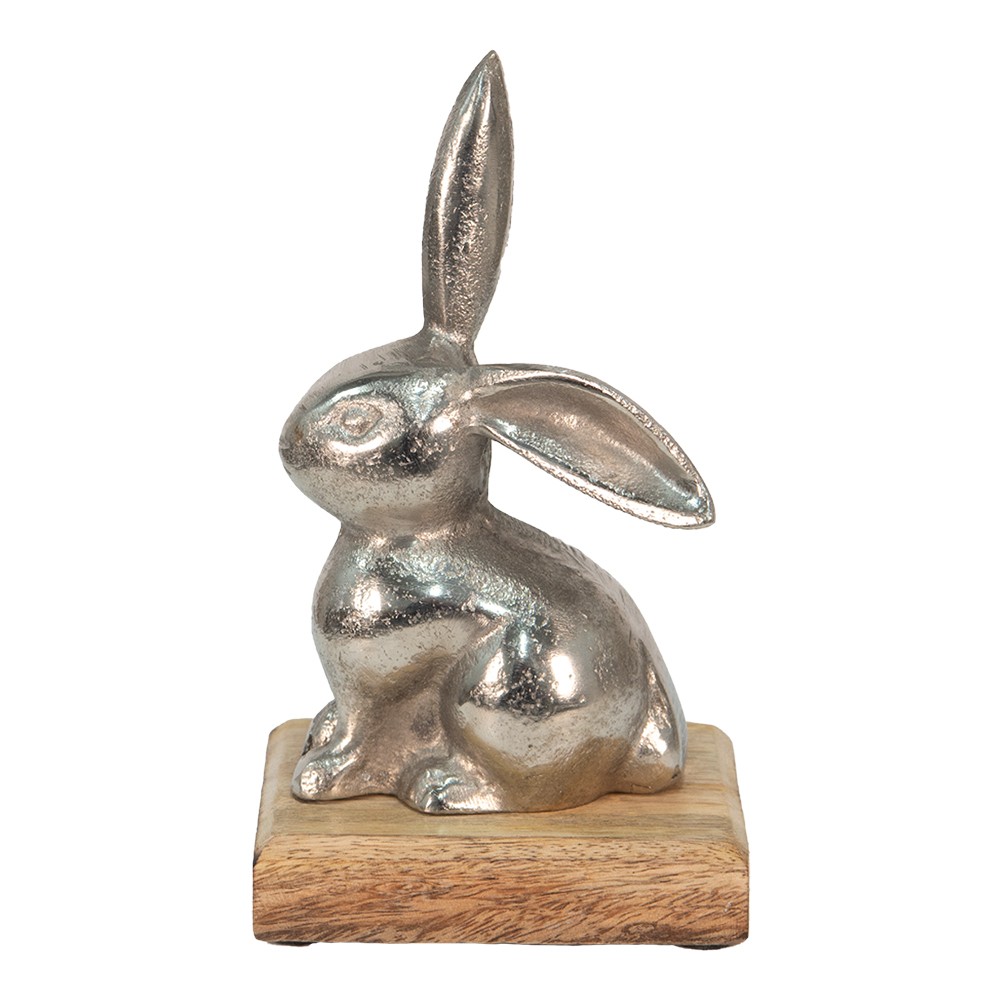 Dekorace stříbrný kovový králík na dřevěném podstavci - 11*10*20 cm Clayre & Eef