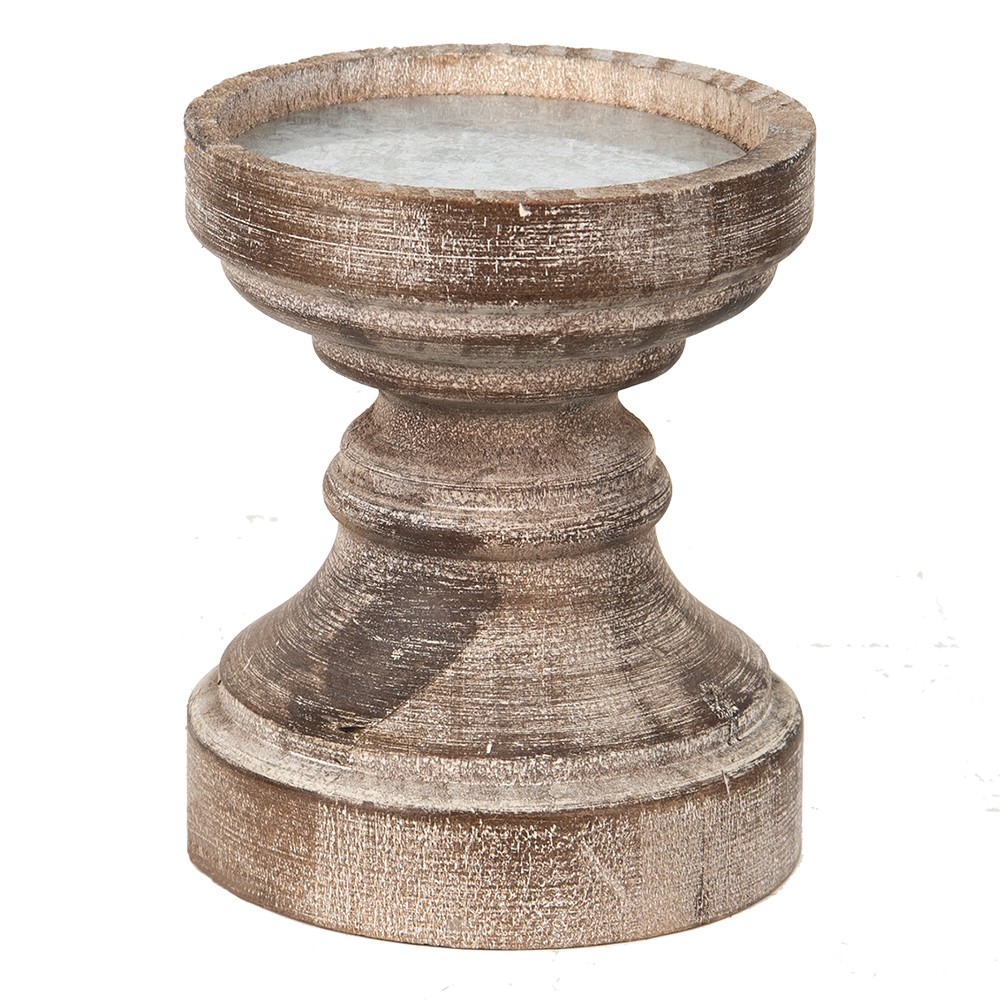 Hnědý antik dřevěný svícen na širokou svíčku - Ø 14*16 cm Clayre & Eef