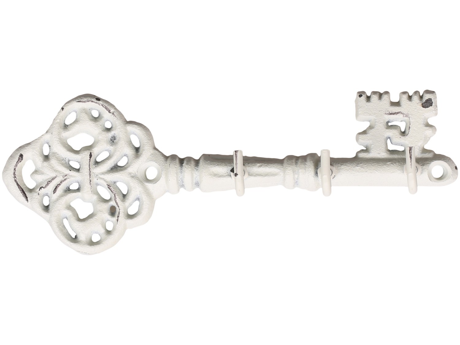 Krémový antik nástěnný věšák ve tvaru klíče se 3-mi háčky - 19*4*6,5 cm Chic Antique