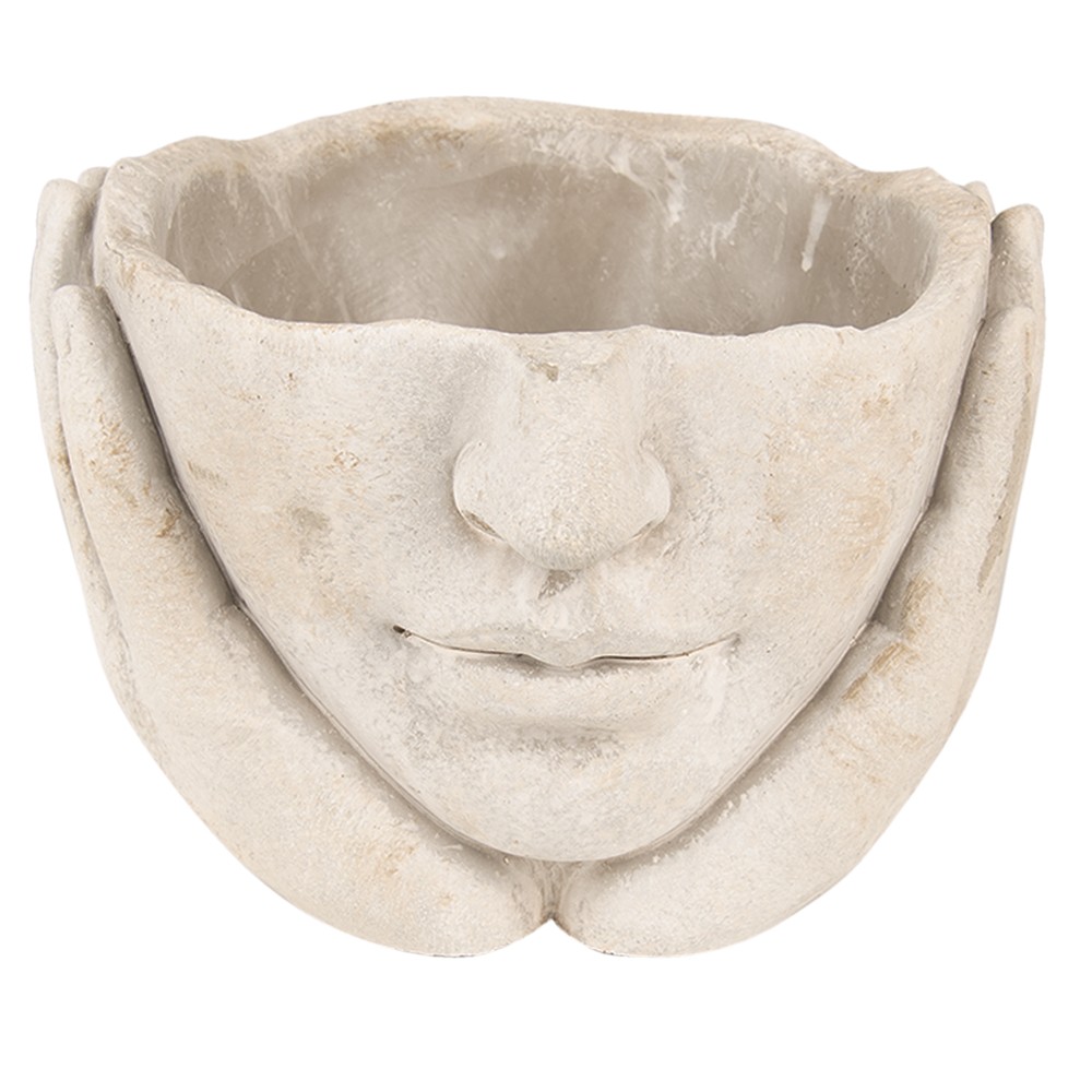 Béžový cementový květináč hlava ženy v dlaních S - 17*17*11 cm Clayre & Eef