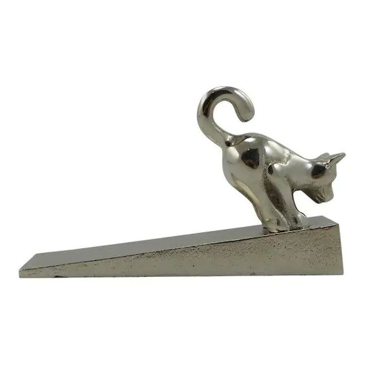 Stříbrná antik kovová dveřní zarážka kočka - 15*4*9cm Mars & More