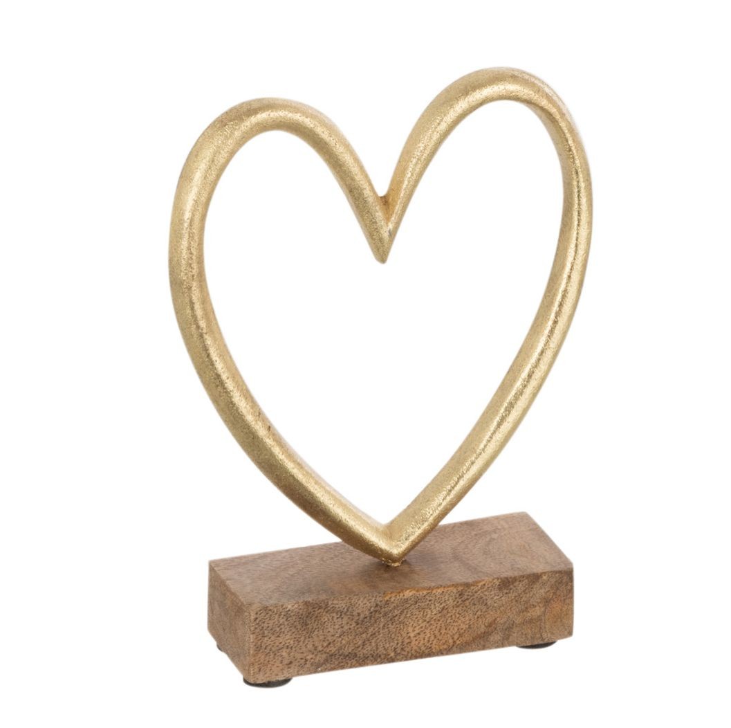 Dekorace zlaté antik kovové srdce na dřevěném podstavci  - 11*4*14cm J-Line by Jolipa