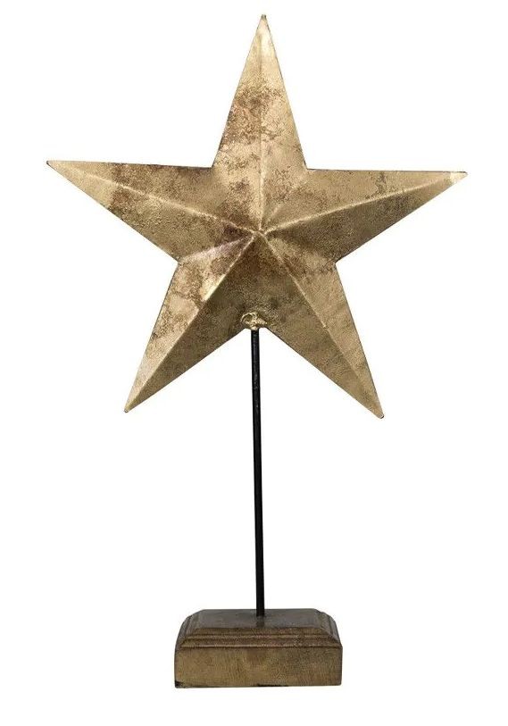 Dekorace zlatá antik kovová hvězda na dřevěném podstavci - 15*9*27cm Mars & More