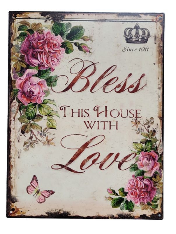 Nástěnná kovová cedule s růžemi Bless this house with Love - 25*33 cm Ostatní