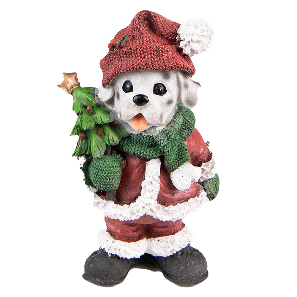 Vánoční dekorace pes v santovo obleku a stromkem - 9*6*15 cm Clayre & Eef
