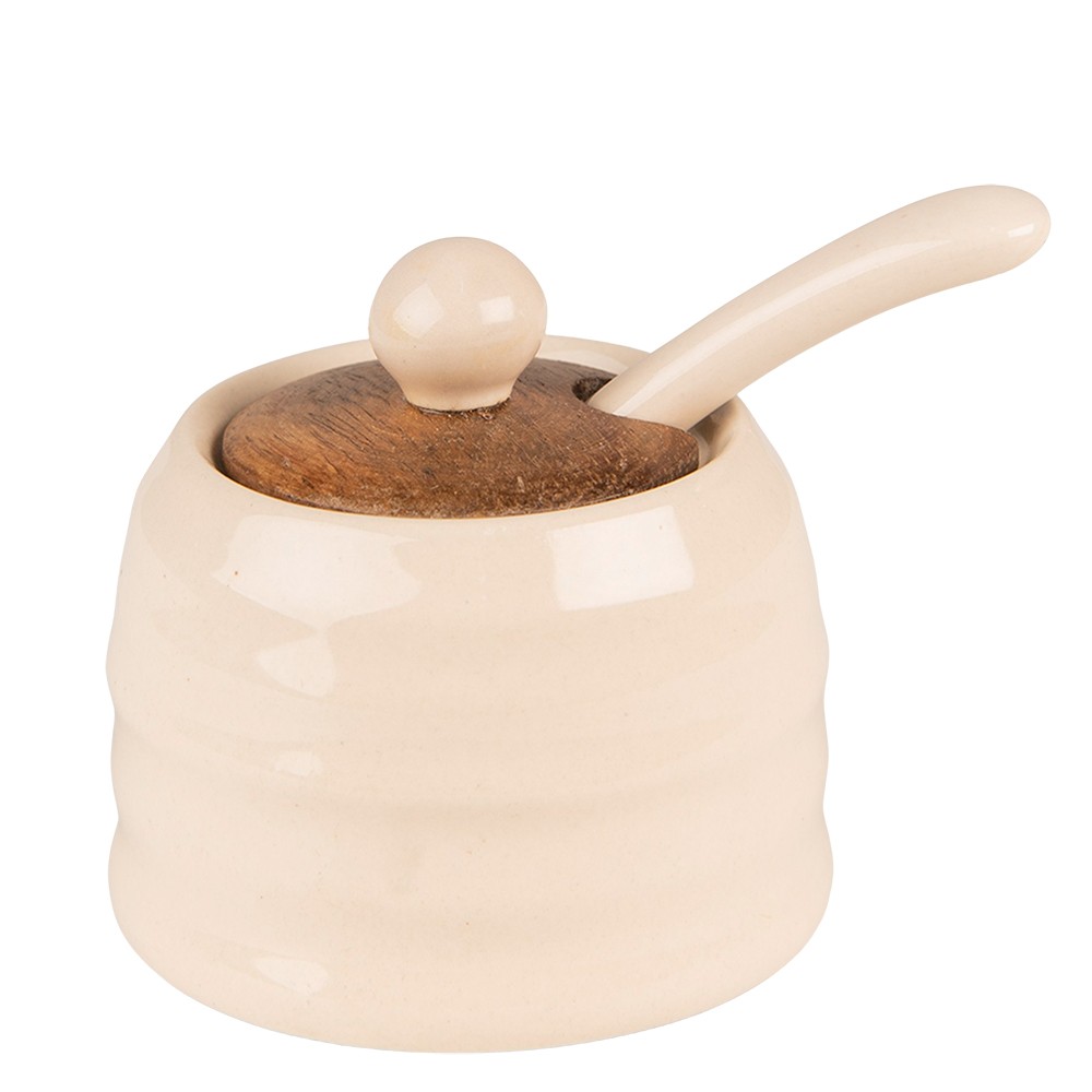 Béžová keramická cukřenka se lžičkou a dřevěným víčkem Chick Bei - Ø 8*6 cm Clayre & Eef