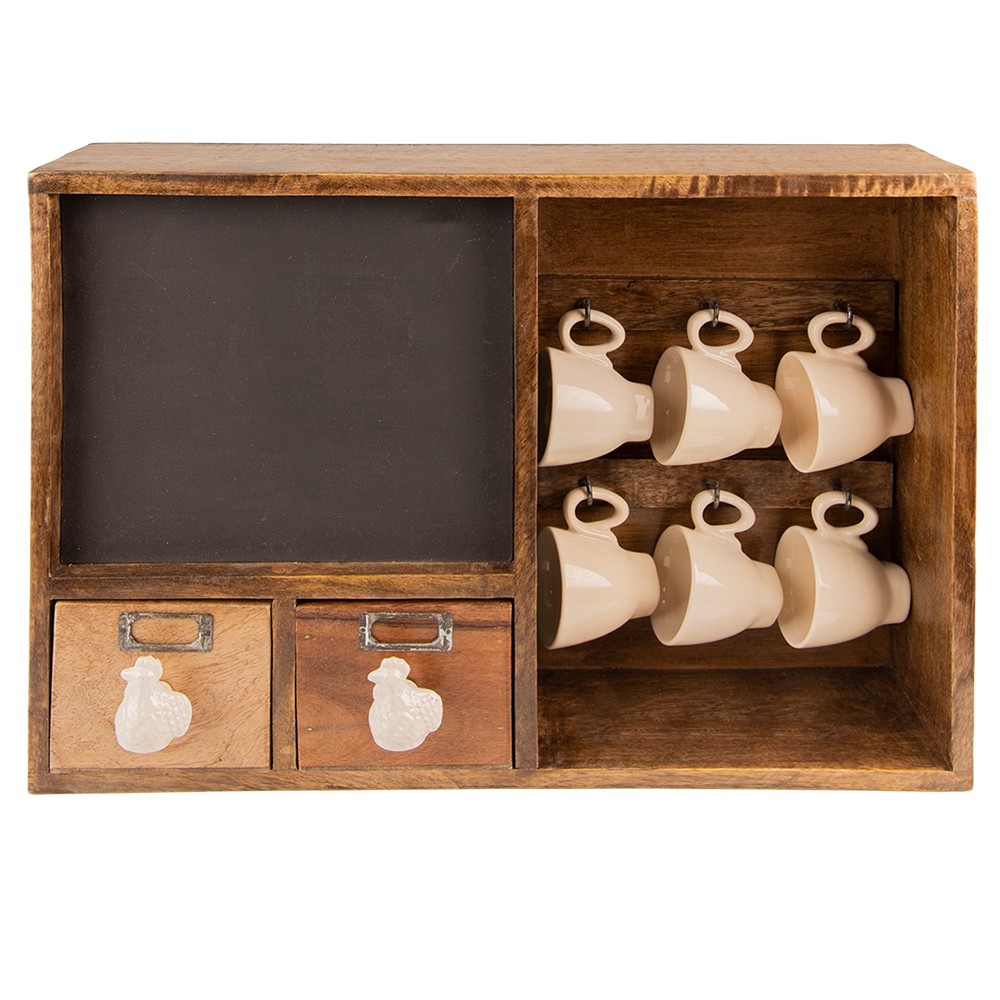Dřevěná nástěnná skříňka s tabulkou, šuplíčky a hrnečky Chick Bei - 45*10*30 cm Clayre & Eef
