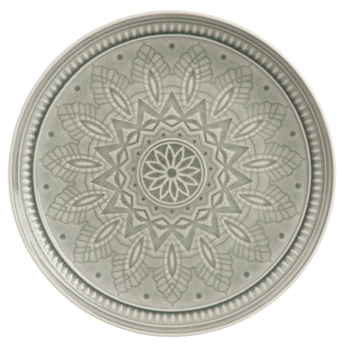 Světle šedý keramický servítovací talíř s ornamentem Boho grey L - Ø 33cm J-Line by Jolipa