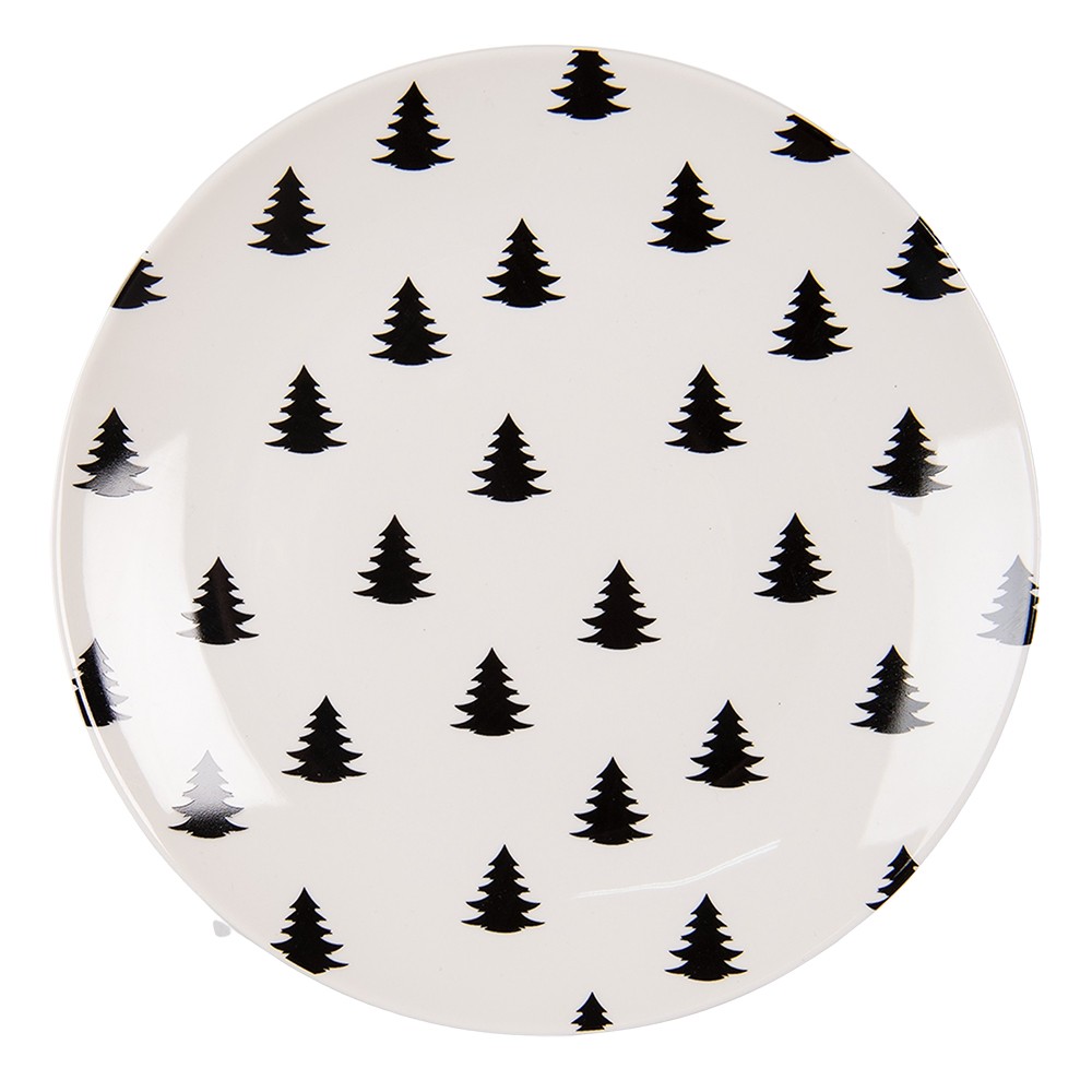 Bílo-černý porcelánový dezertní talíř se stromky Black&White X-Mas - Ø 20*2 cm Clayre & Eef