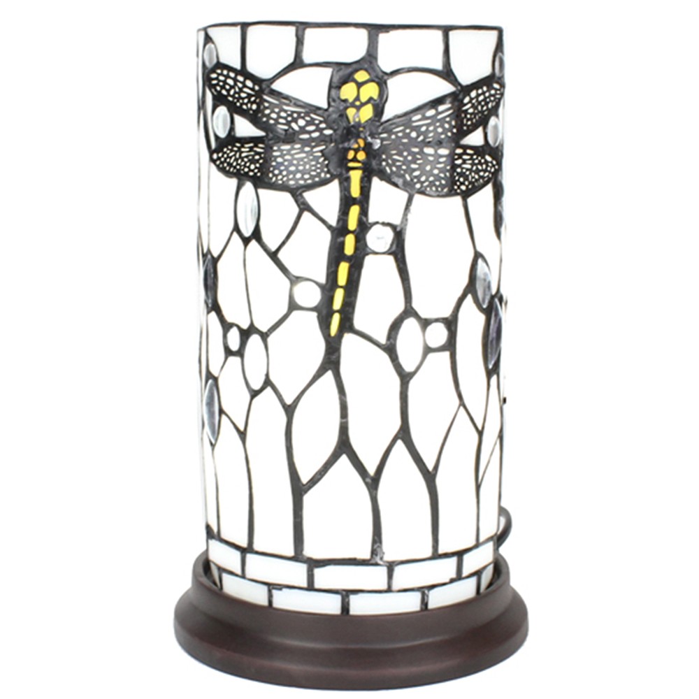 Bílá válcovitá stolní lampa Tiffany s vážkou DragonFly - Ø 15*26 cm E14/max 1*40W Clayre & Eef