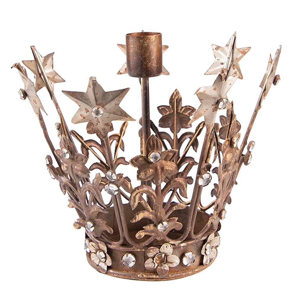 Měděno - hnědý antik kovový svícen koruna Crown s kamínky - Ø 17*15 cm Clayre & Eef