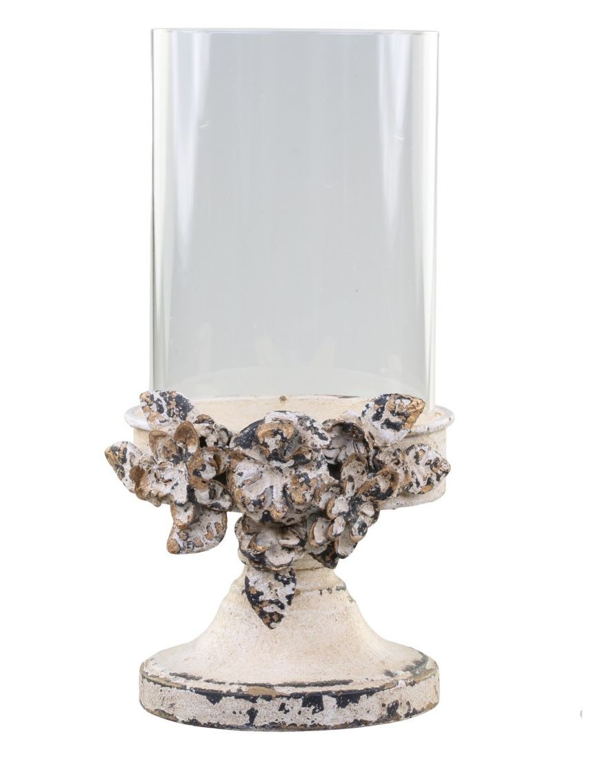 Kovový krémový vintage svícen s kvítky Flowers - Ø16*29cm Chic Antique