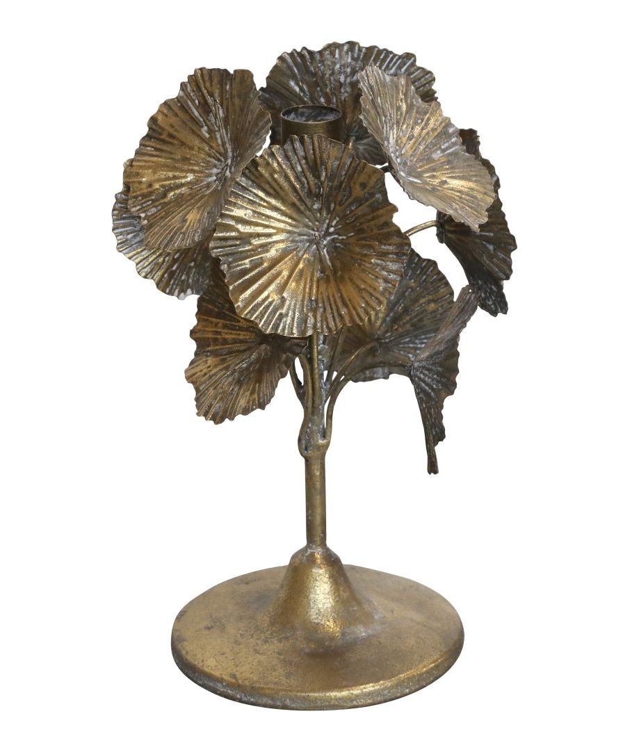 Bronzový antik kovový svícen zdobený květy Flower - Ø 18*24cm Chic Antique