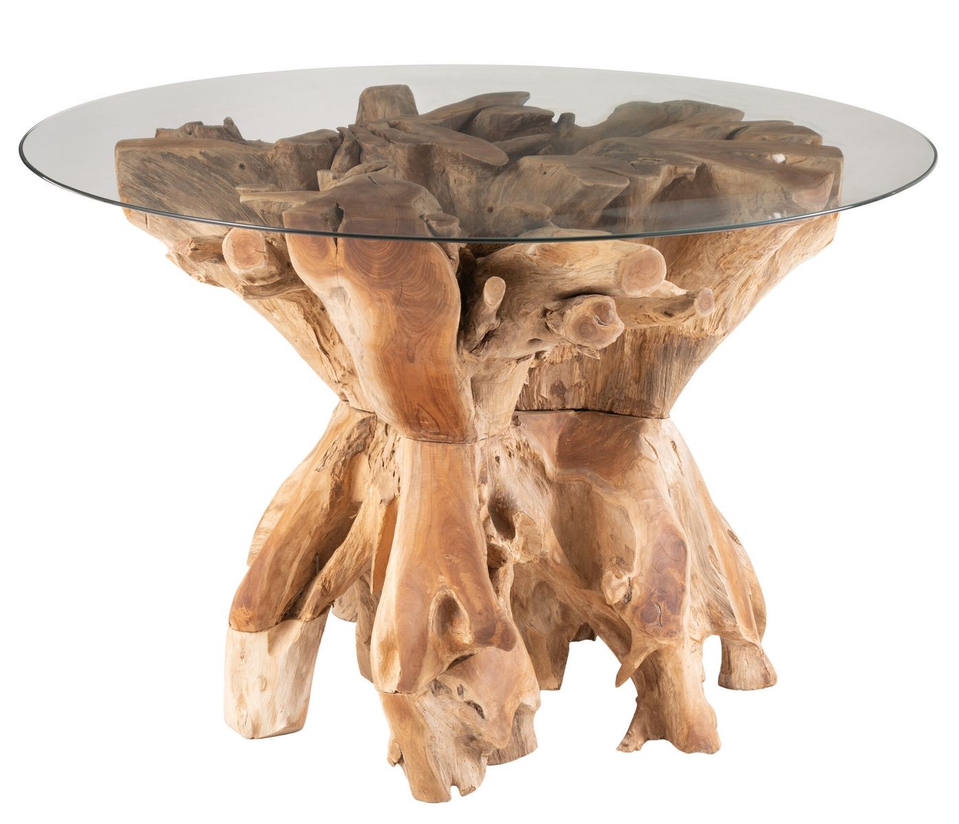 Přírodní jídelní stůl z teakového dřeva a skleněnou deskou na kmeni Raoul teak - Ø140*75cm J-Line by Jolipa