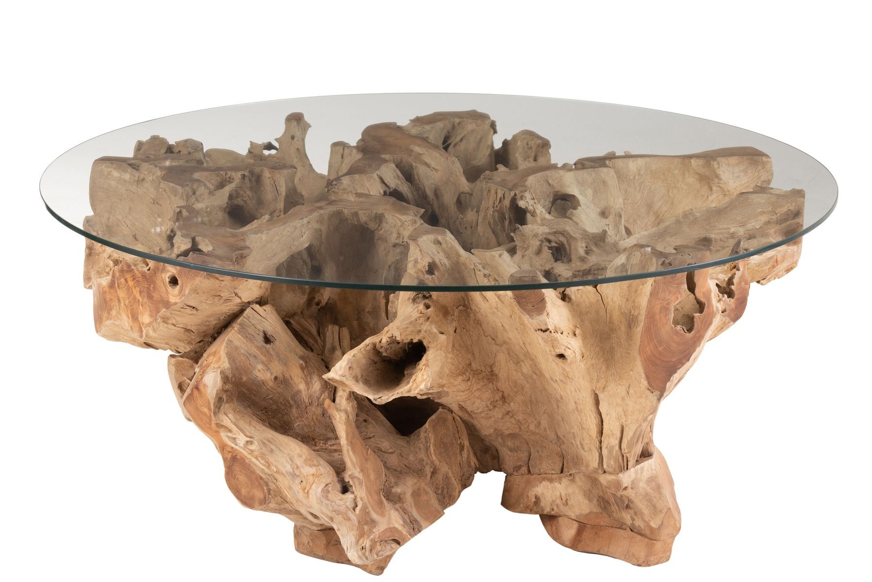 Přírodní coffee stůl z teakového dřeva a skleněnou deskou na kmeni Raoul teak - Ø100*45cm J-Line by Jolipa