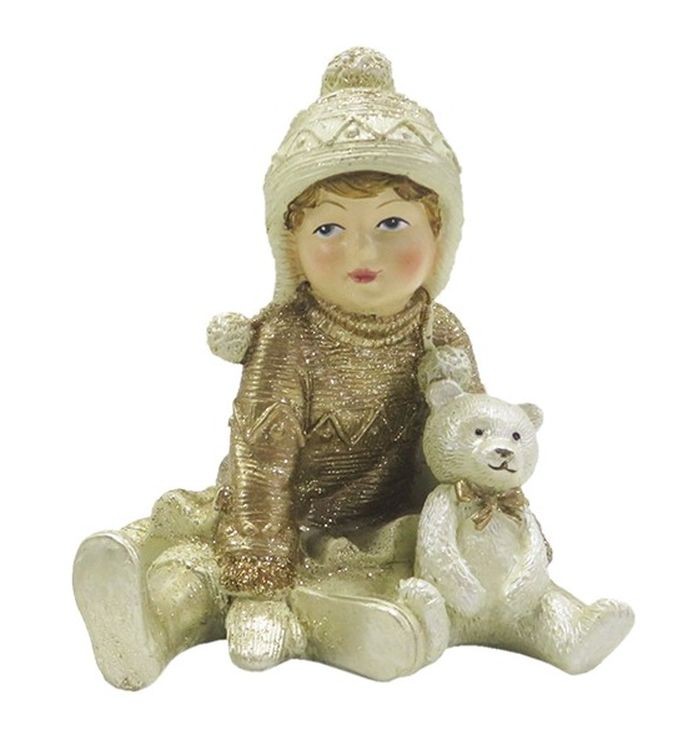 Dekorační soška dívka s medvídkem se zlatými třpytkami - 7*7*9 cm Clayre & Eef