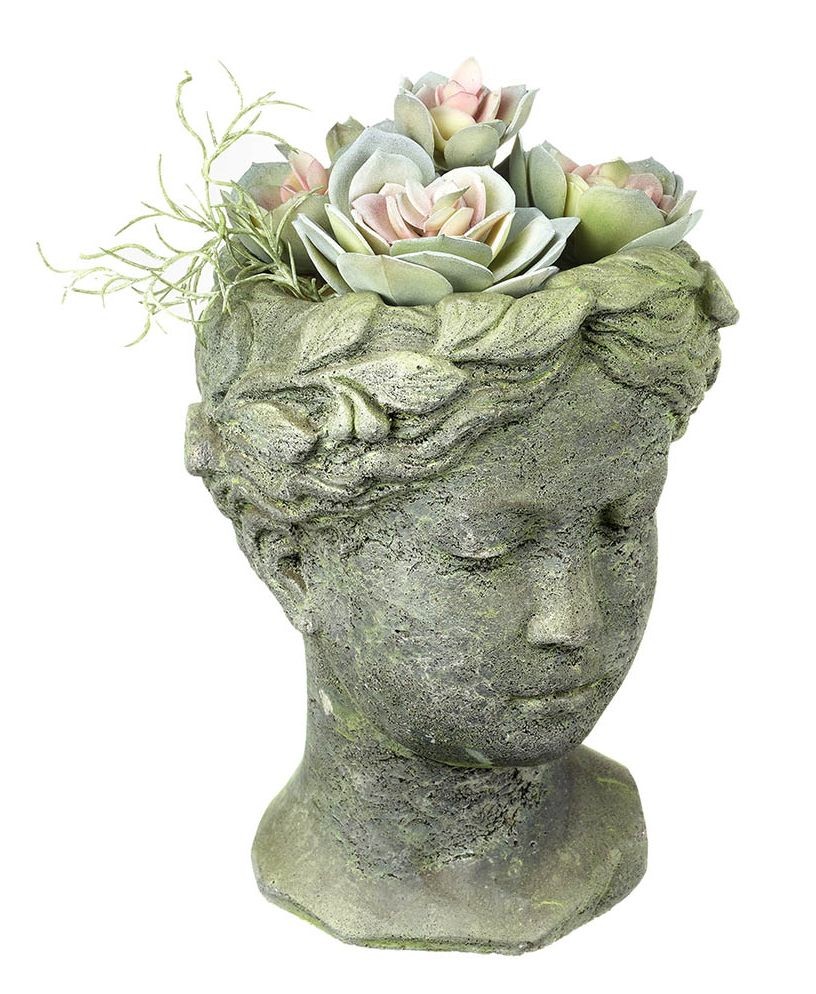 Šedo-zelený antik cementový květináč hlava ženy - 15*15*25 cm Parlane