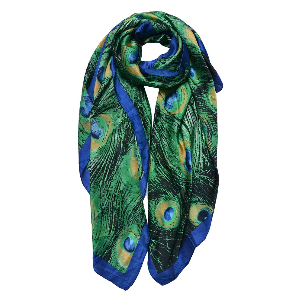 Modro-zelený dámský šátek s pavími pery - 90*180 cm Clayre & Eef