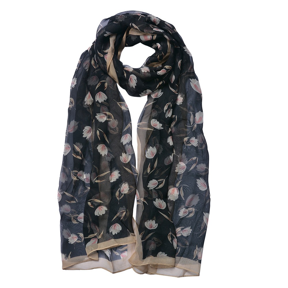 Černý dámský šátek s tulipány - 50*160 cm Clayre & Eef