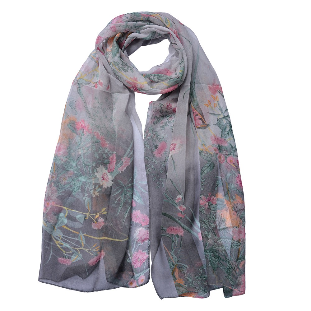 Šedý dámský šátek s lučními květy - 50*160 cm Clayre & Eef