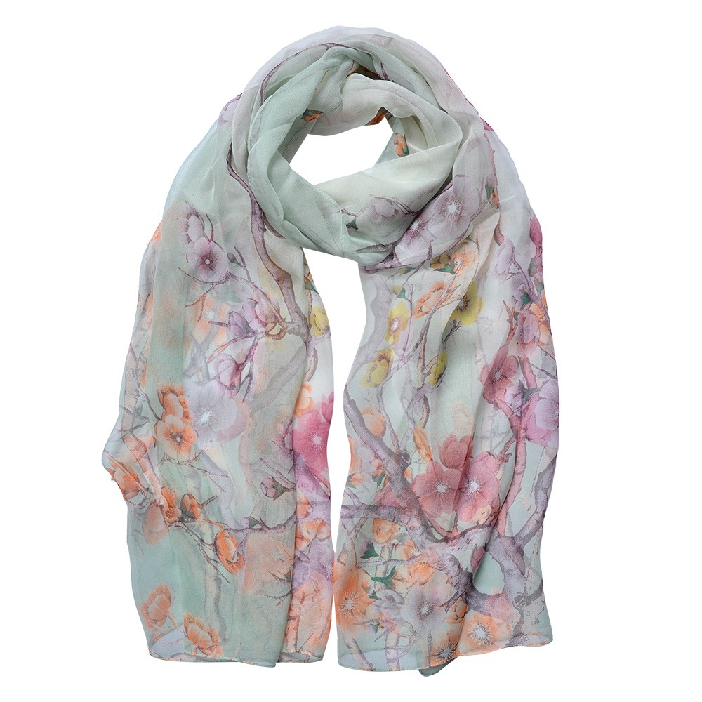 Pastelově zelený dámský šátek s jemnými květy - 50*160 cm Clayre & Eef