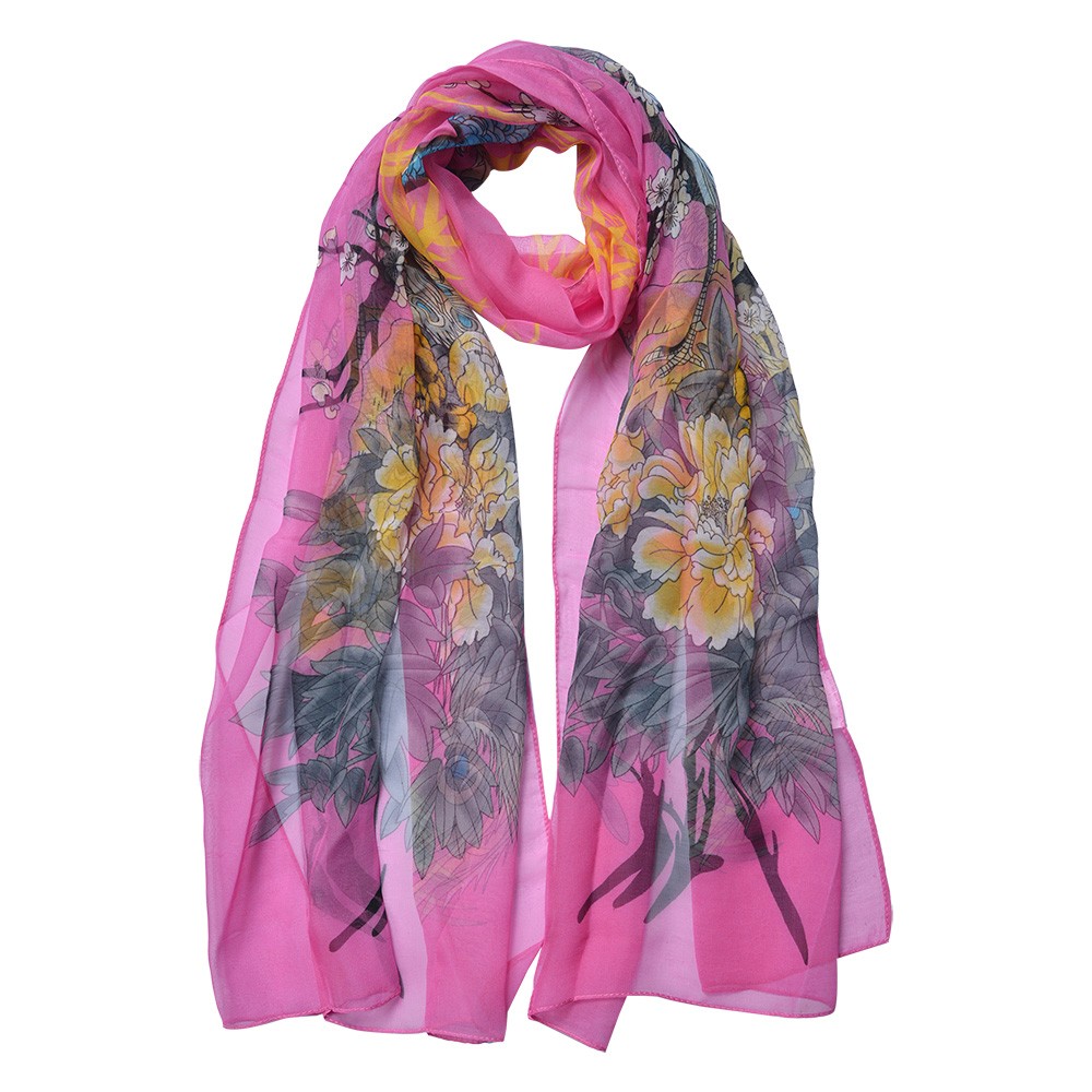 Růžový dámský šátek/ šál s barevnými květy - 50*160 cm Clayre & Eef