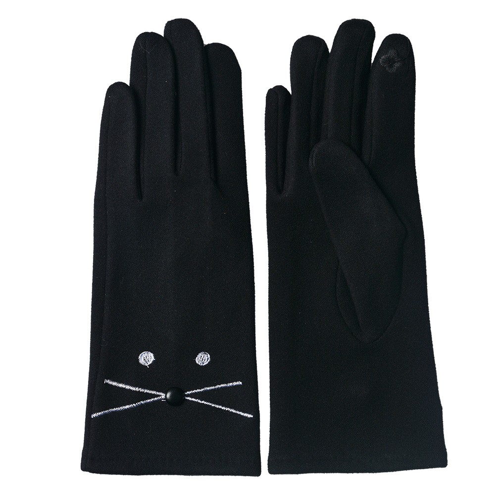 Černé zimní rukavice s vyšívanými očky a fousky - 8*24 cm Clayre & Eef