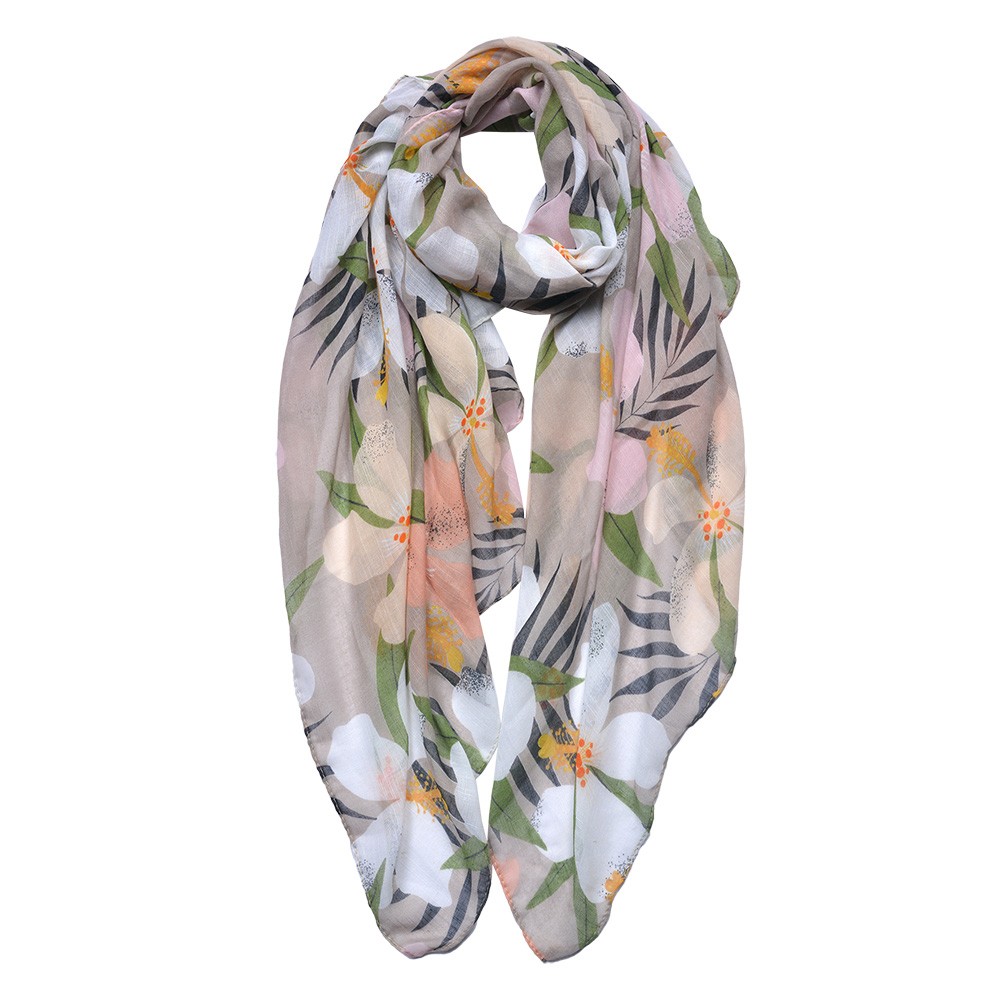 Béžový dámský šátek s barevnými květy - 85*180 cm Clayre & Eef