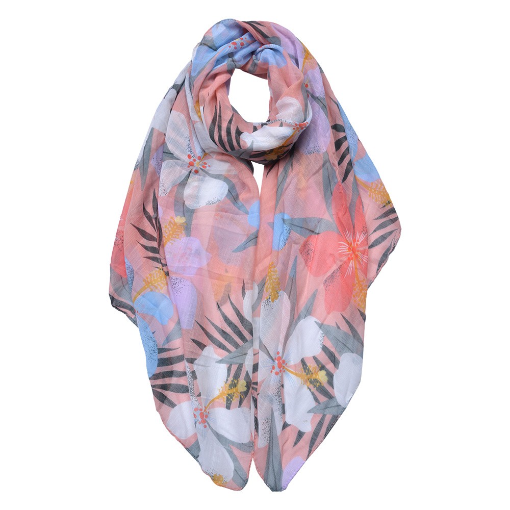 Růžový dámský šátek s barevnými květy - 85*180 cm Clayre & Eef