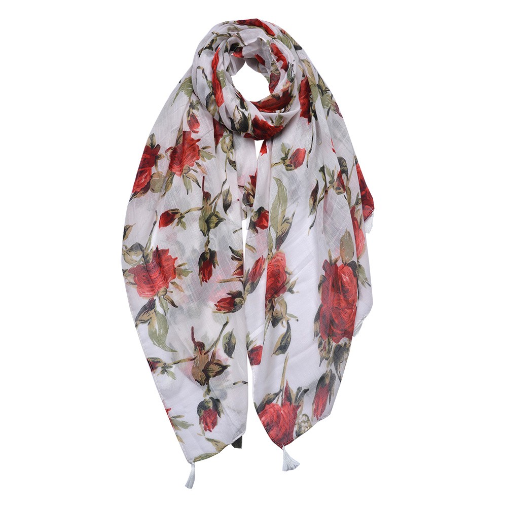 Bílý dámský šátek s červenými růžemi - 90*180 cm Clayre & Eef