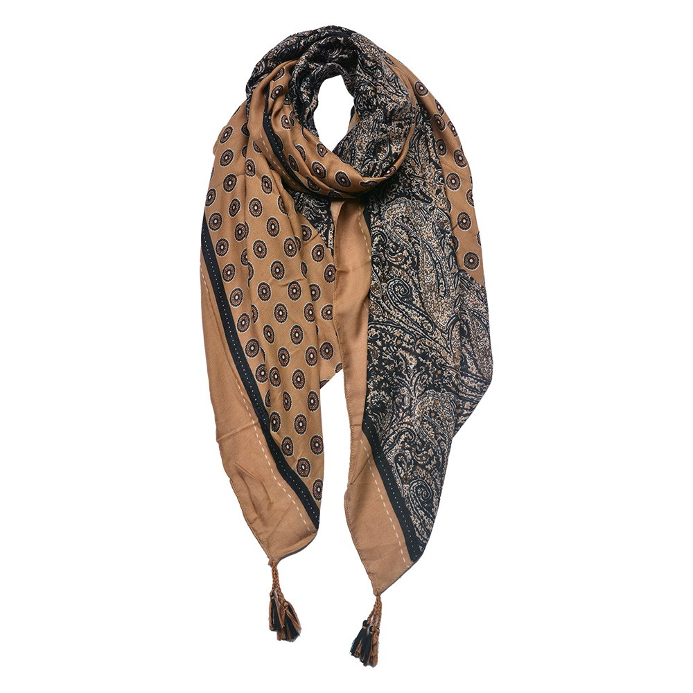 Hnědo-černý dámský šátek se vzorem a střapci- 90*180 cm Clayre & Eef