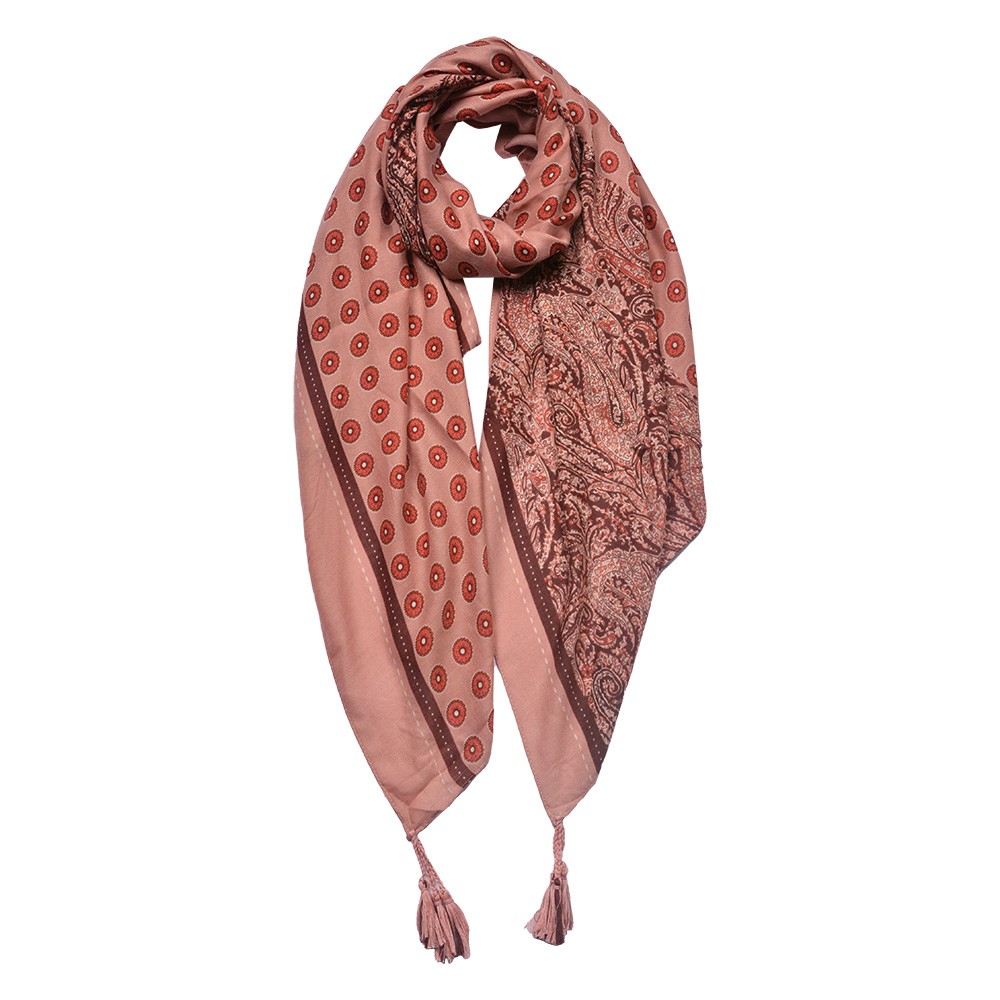 Růžovo-červený dámský šátek se vzorem a střapci- 90*180 cm Clayre & Eef