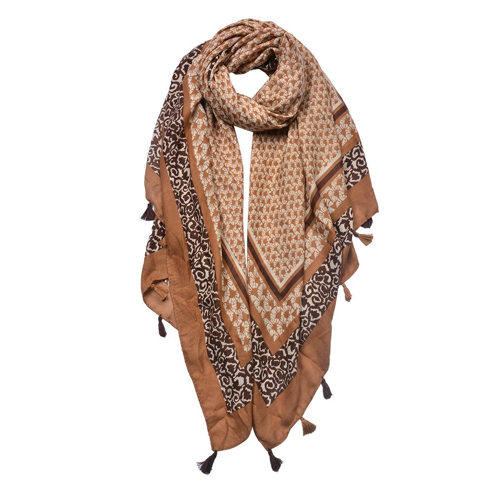 Hnědý dámský šátek s ornamenty a střapci - 90*180 cm Clayre & Eef