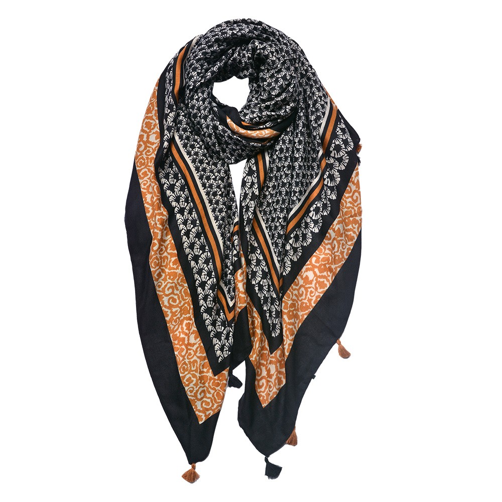 Černo-oranžový dámský šátek s ornamenty a střapci - 90*180 cm Clayre & Eef