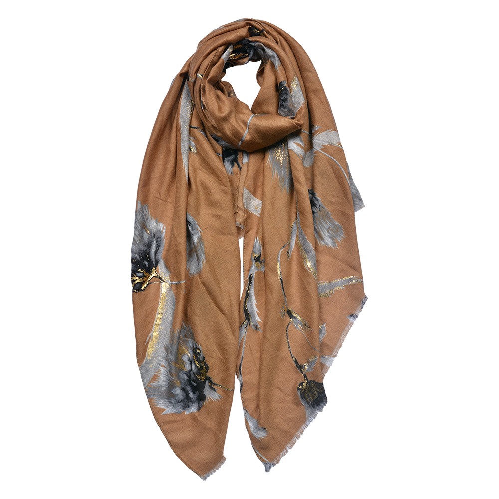 Hnědý dámský šátek s květinami - 90*180 cm Clayre & Eef