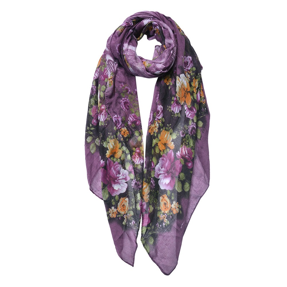 Fialový dámský šátek s květy - 90*180 cm Clayre & Eef