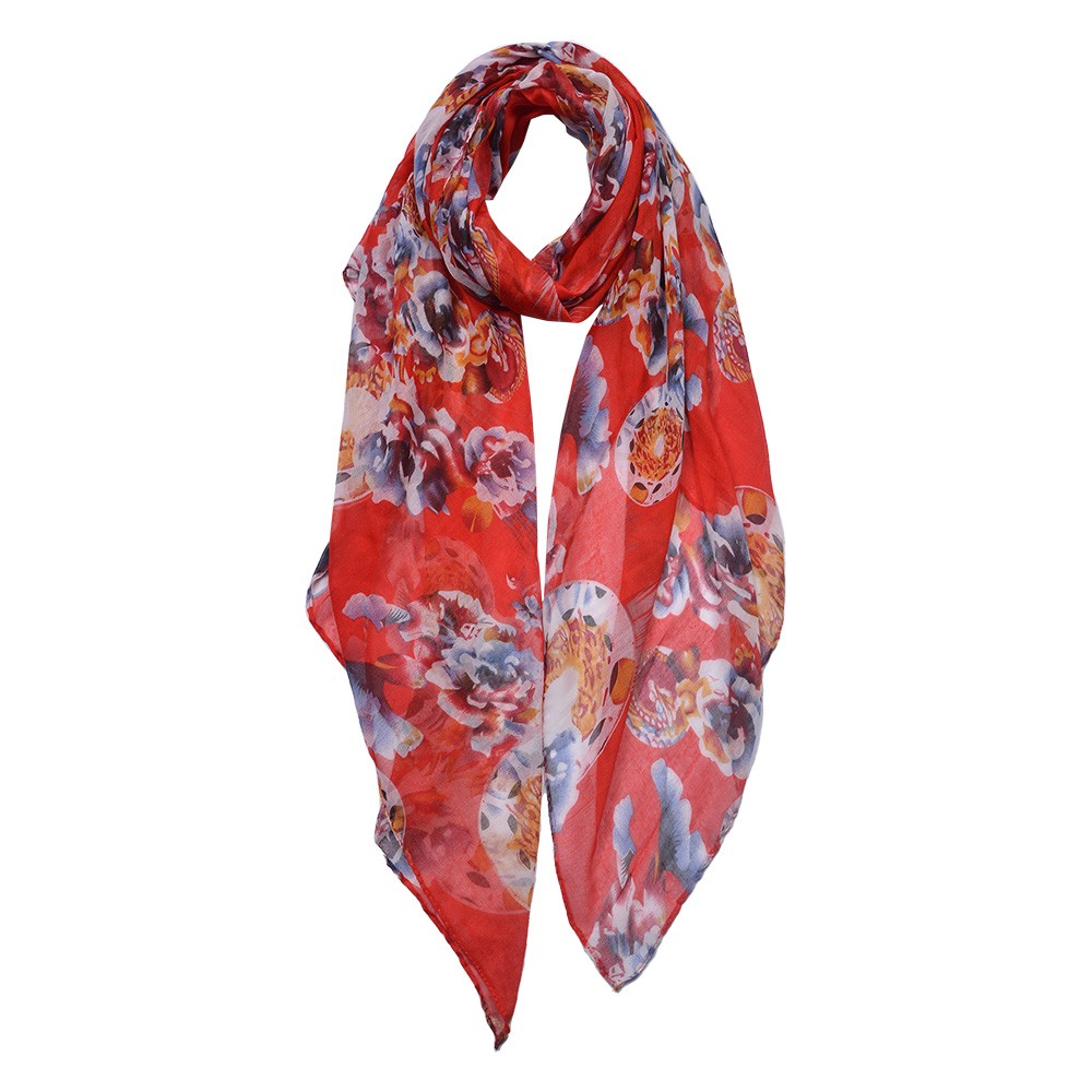 Červený dámský šátek s květy - 90*180 cm Clayre & Eef
